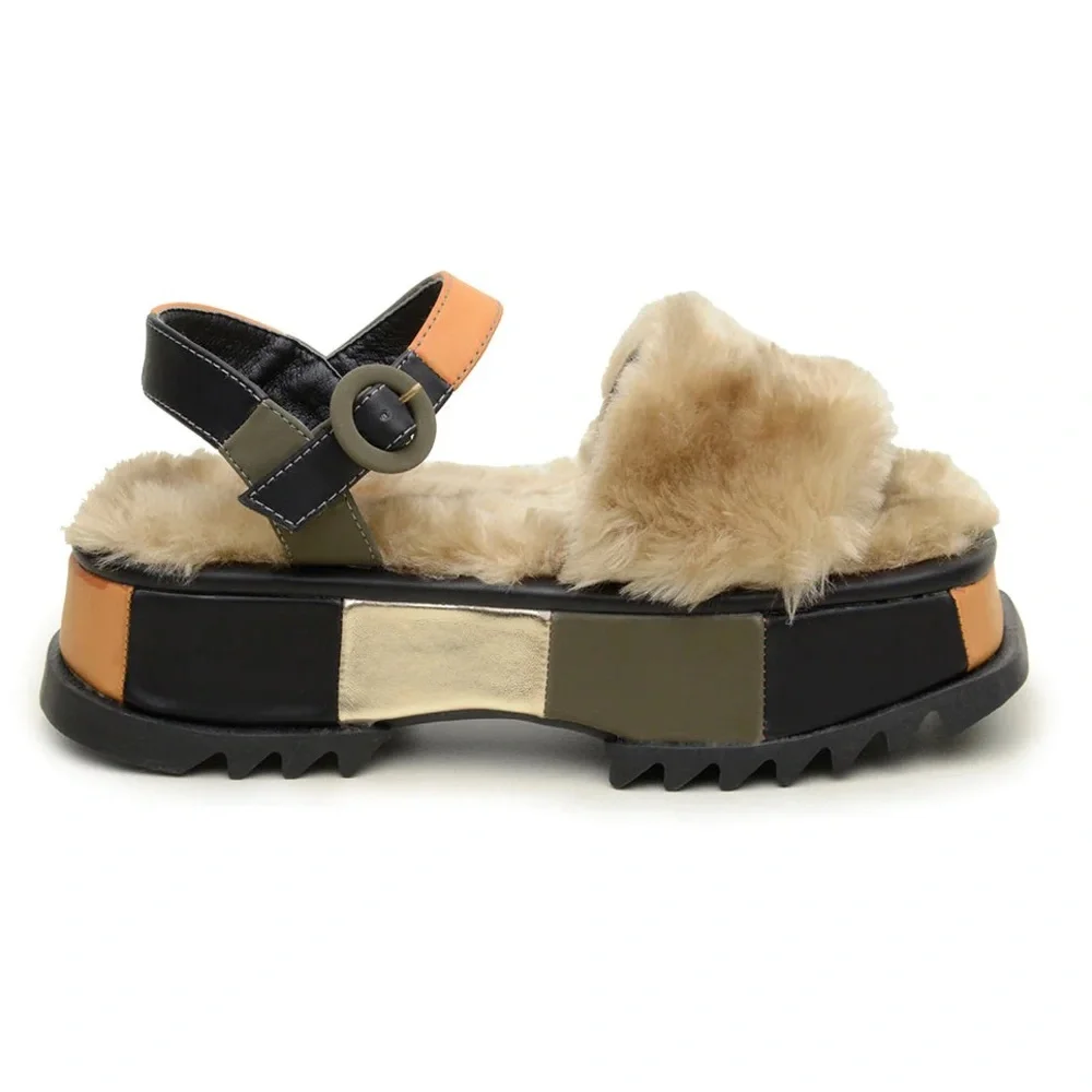 Farm Rio Khaki Patchwork Faux Fur Platform Sandal - Picture 2 of 12